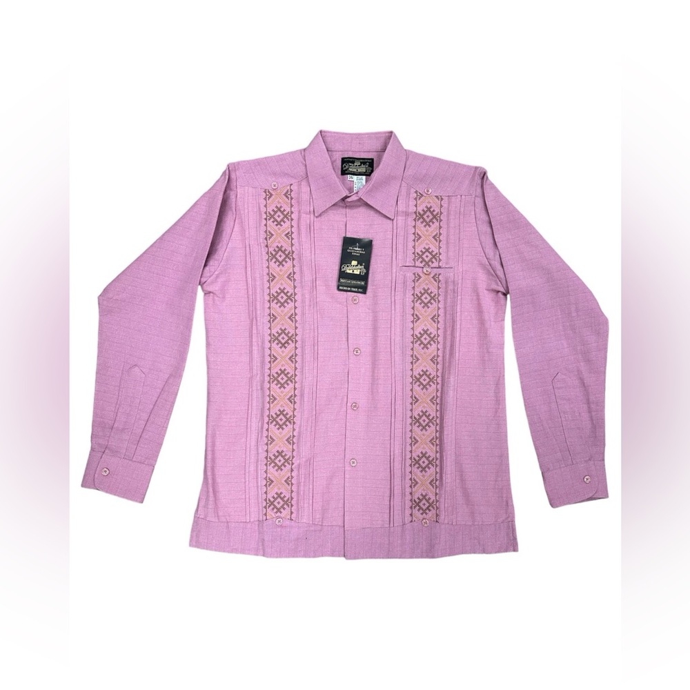 Men’s Linen Pink Guayabera with Tan Embroidery Long Sleeve
